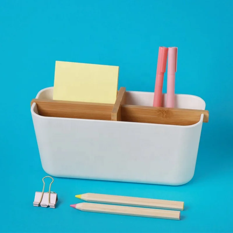 100% Plant based natural bamboo wood pen holder for desk divider cosmetic jewelry storage organizer box