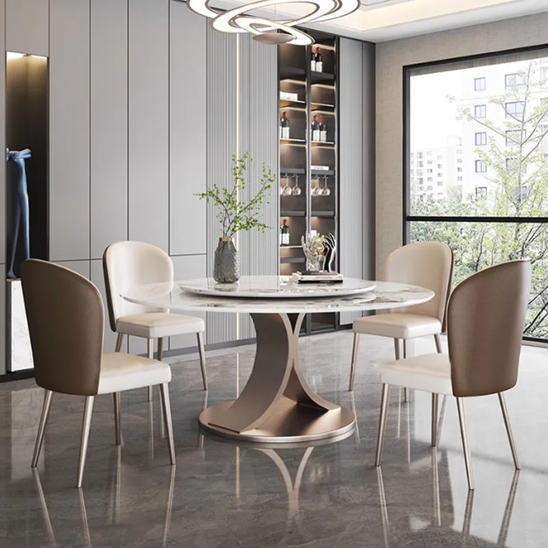 Luxury Stainless Steel Base Sintered Stone Top Round Dining Table with 6 chairs For Living Room Dining Table Set