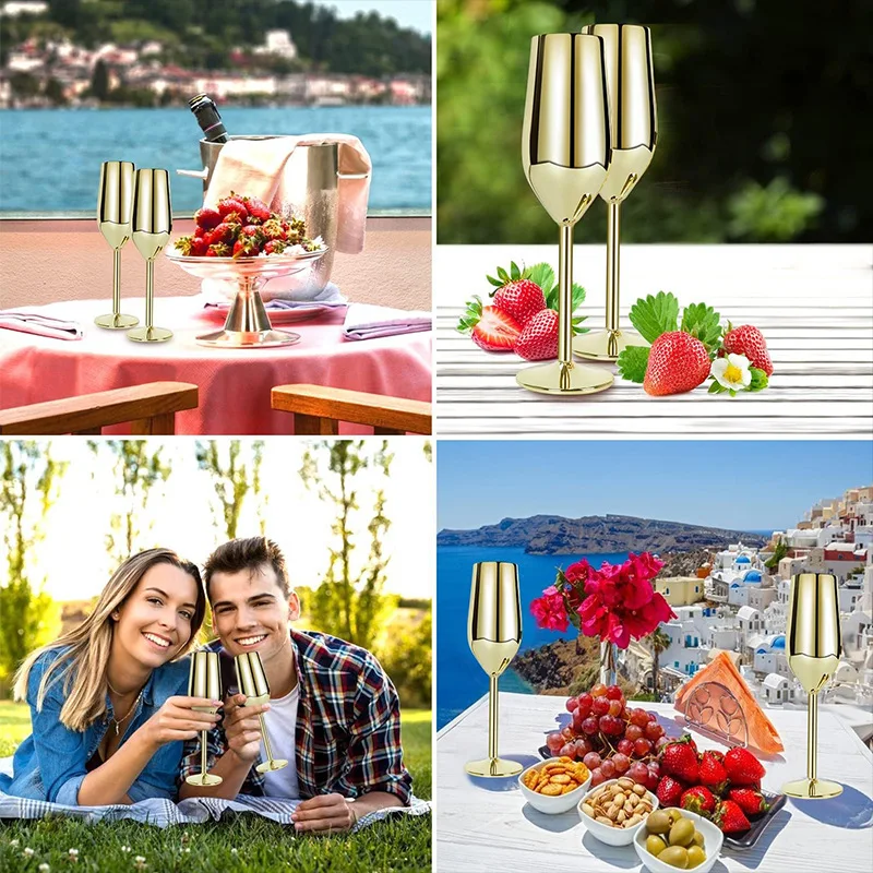 200ml Gold Stemmed Unbreakable Elegant Stainless Steel Champagne Flutes for Party Wedding Christmas Gifts