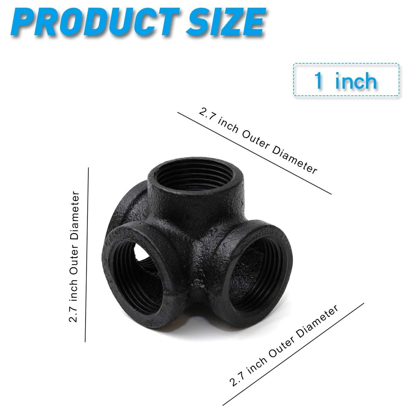 Black 4-Way Side Outlet Tee Home 4-Way Corner Cast Black Malleable Iron Pipe Fitting For Industrial Furniture DIY Decoration