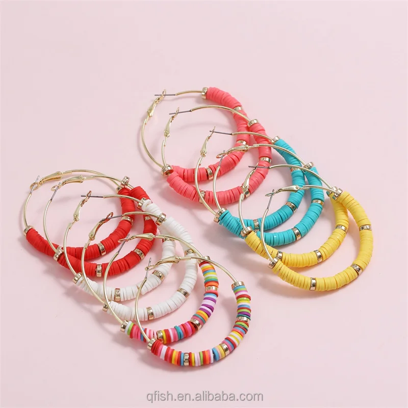 Multicolored Bohemian Beaded Clay Beach Jewelry Handmade Oversized Exaggerated C Shape Hoop Earrings