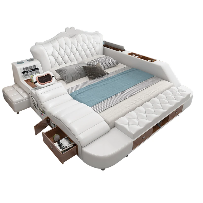 Кожаная многофункциональная кровать в европейском стиле, Современная Минималистичная умная кровать с большой обивкой