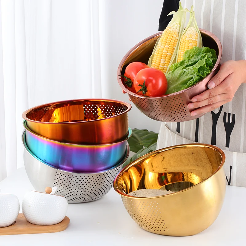 Kitchen Tool Metal Rice Washing Bowl Stainless Steel Washing Drain Basket for Fruit and Vegetable