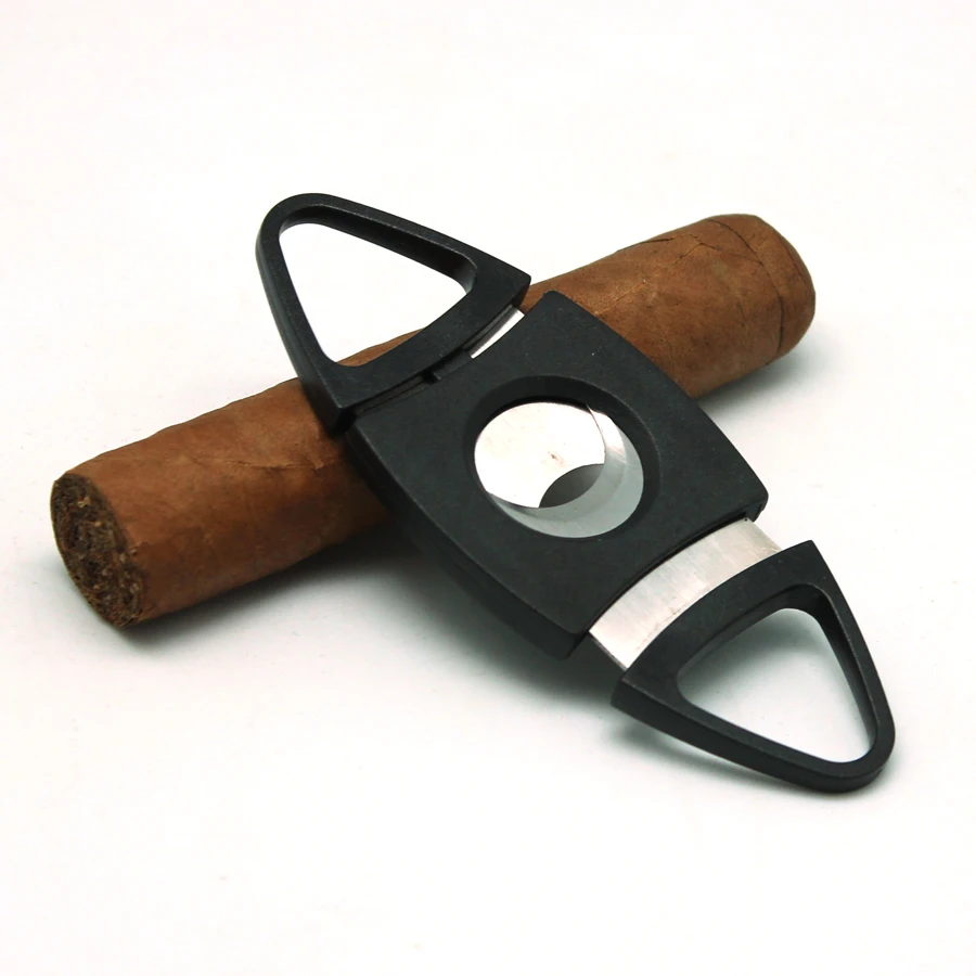 Black Custom Logo Double Blade Guillotine table top plastic Cigar Cutter