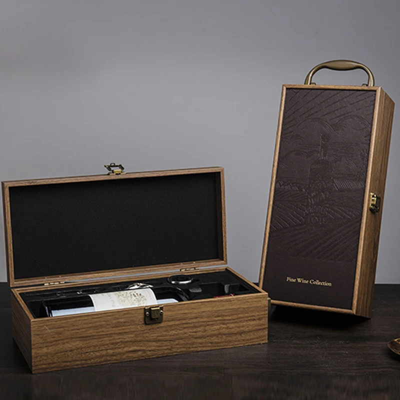 Personalized Luxury Leather Wooden Wine Gift Box Single Bottle Wine Packaging Wood Box With Accessories For Wine Bottle