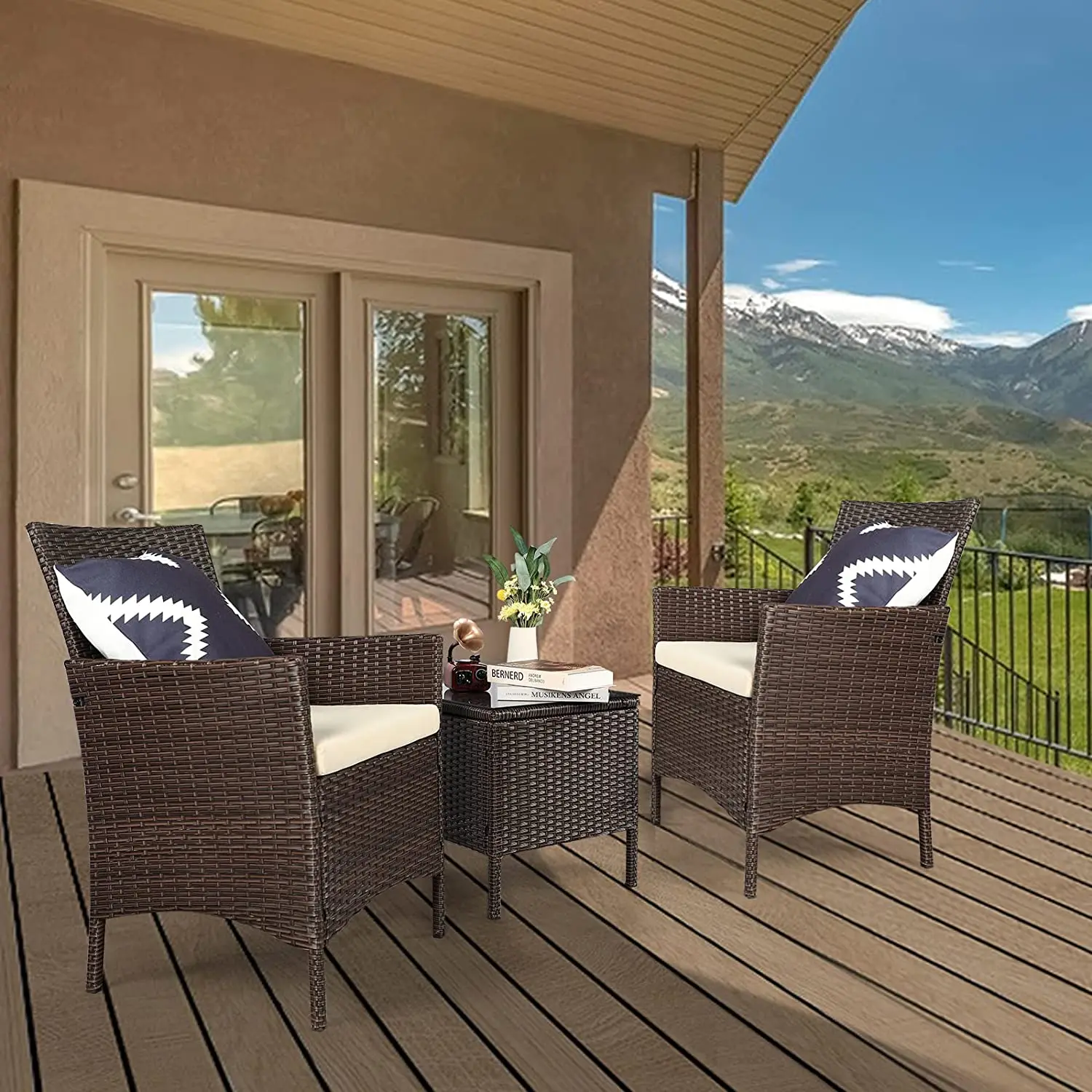 3 PCS Rattan Garden Furniture Set Outdoor Rattan Wicker Bistro Set with Coffee Table for Outdoor Patio Garden Backyard