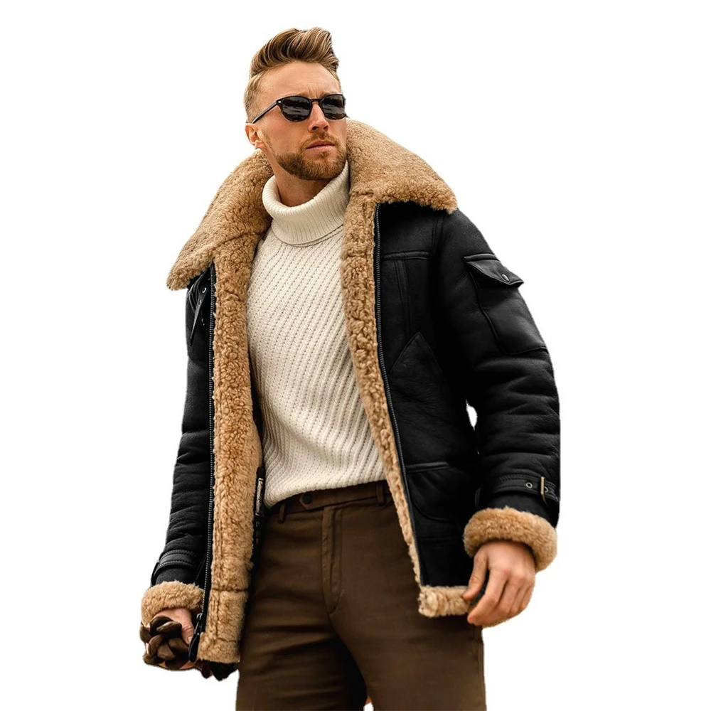 Men Bomber Leather Flying Aviator Jacket fleece lined winter coat for men