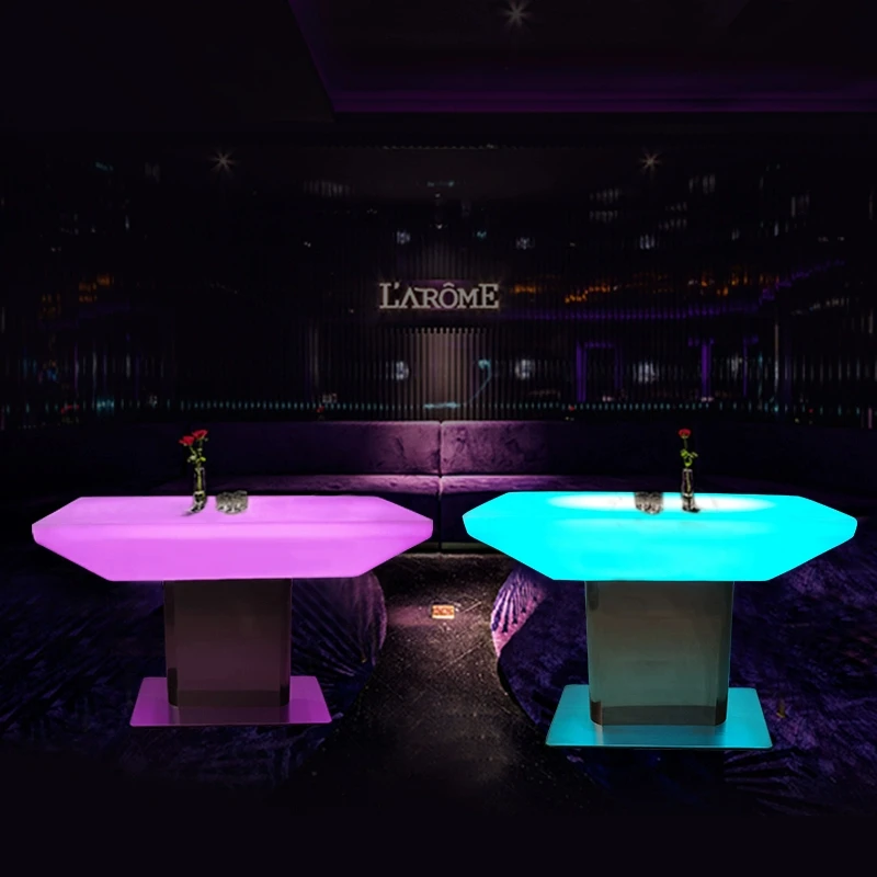 PE Plastic bar Furniture Coffee Table with Metal Base Frame and LED Light Inside for Indoor and Outdoor