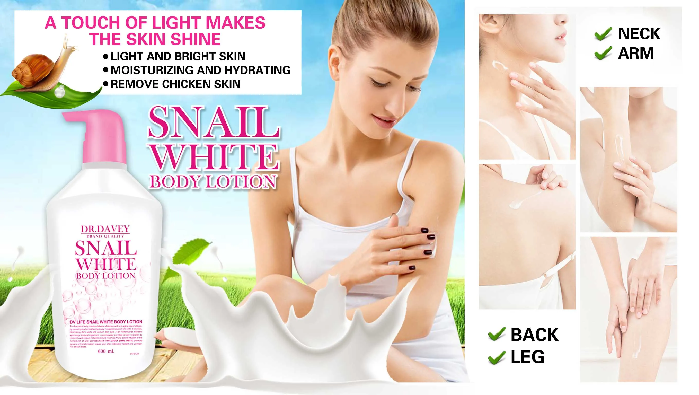 Лосьон для тела DR.DAVEY snail white, натуральный ингредиент, Осветляющий, увлажняющий, успокаивающий кожу, антивозрастной, 600 мл