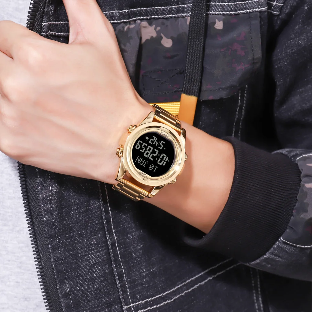 Hot Sale 1667 Luxury Azan Muslim Prayer Watch Alarm Clock Al Fajr Qibla Stainless Steel Gold Watch Men Digital Watch