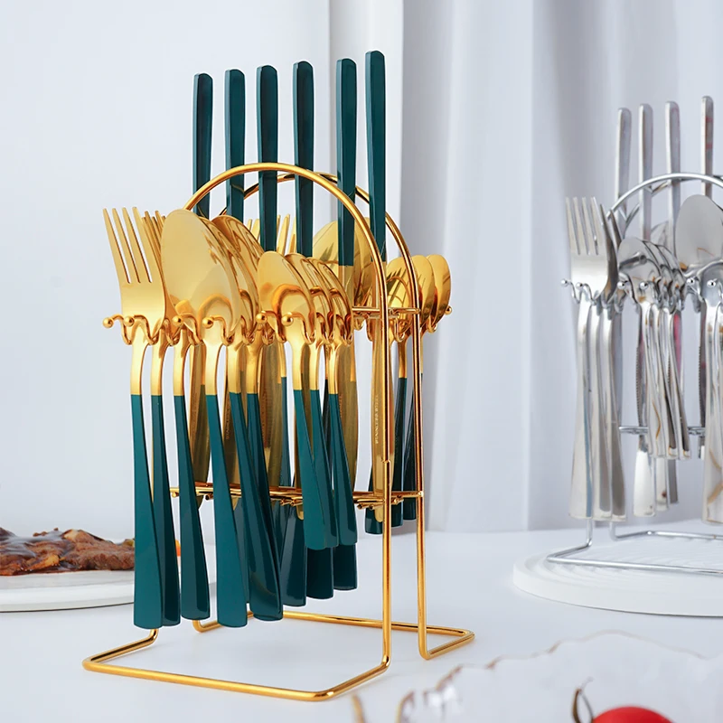 Gold Cutlery suit Household With display shelf Square handle fork spoon knife set stainless steel kitchen Cutlery set Reusable