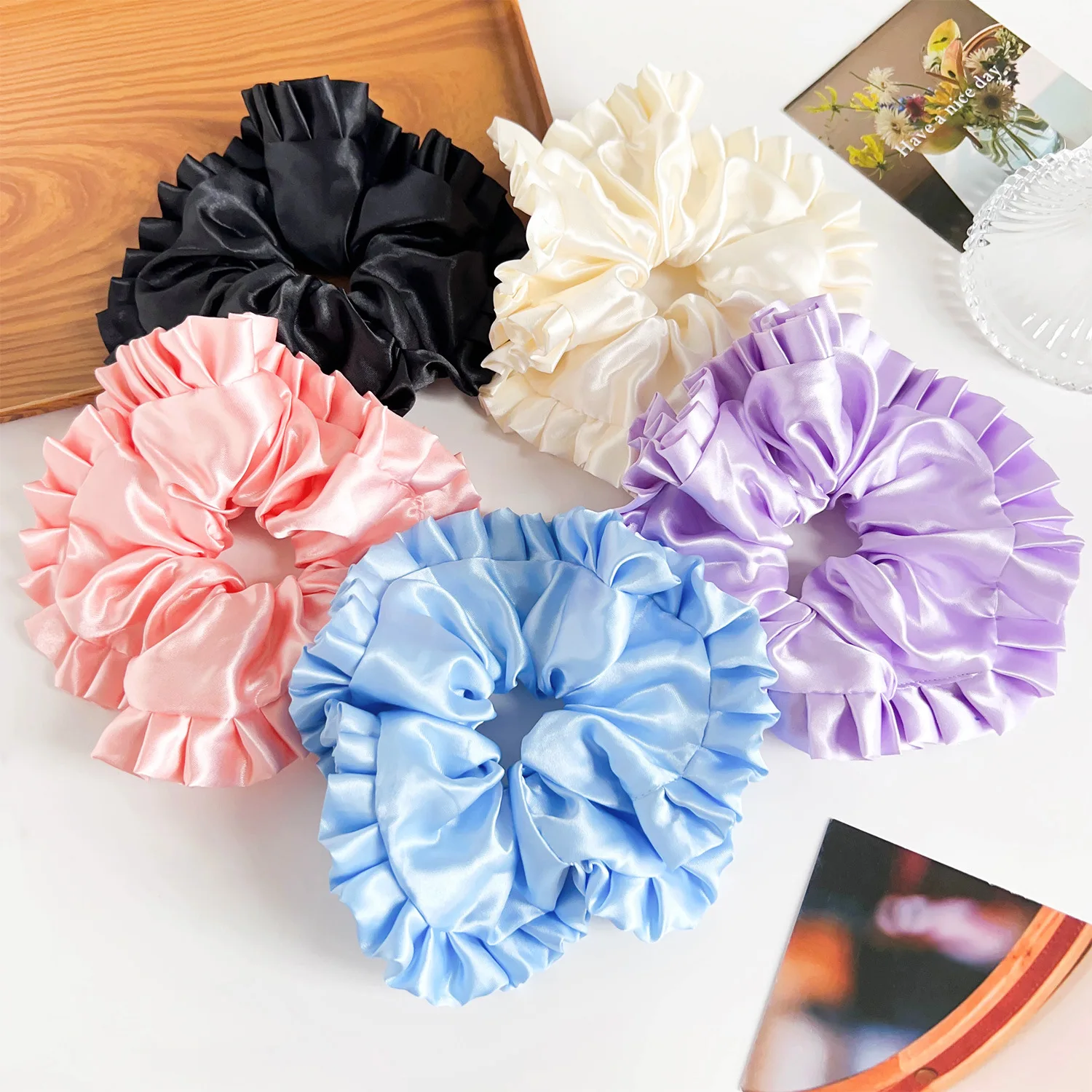 Cute Women Ladies Elastic Lace Border Hair Ties Big Statement Solid Color Hair Scrunchies Stretchy Hair Band Ponytail Holder