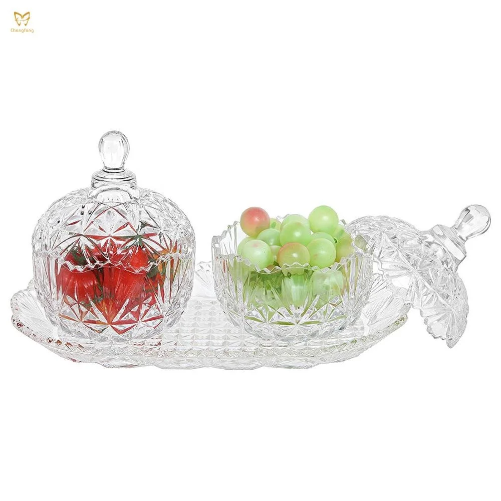 
Clear Glass Crystal Design 8 oz Sugar Bowls Set & Tray / Decorative Candy Dishes 