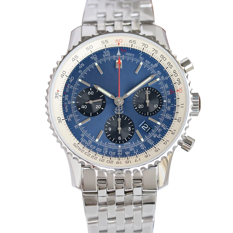 Waterproof 3 ATM Blue Face 43mm Navi timer 1 B01 Stainless Steel Chronograph Automatic watch for men
