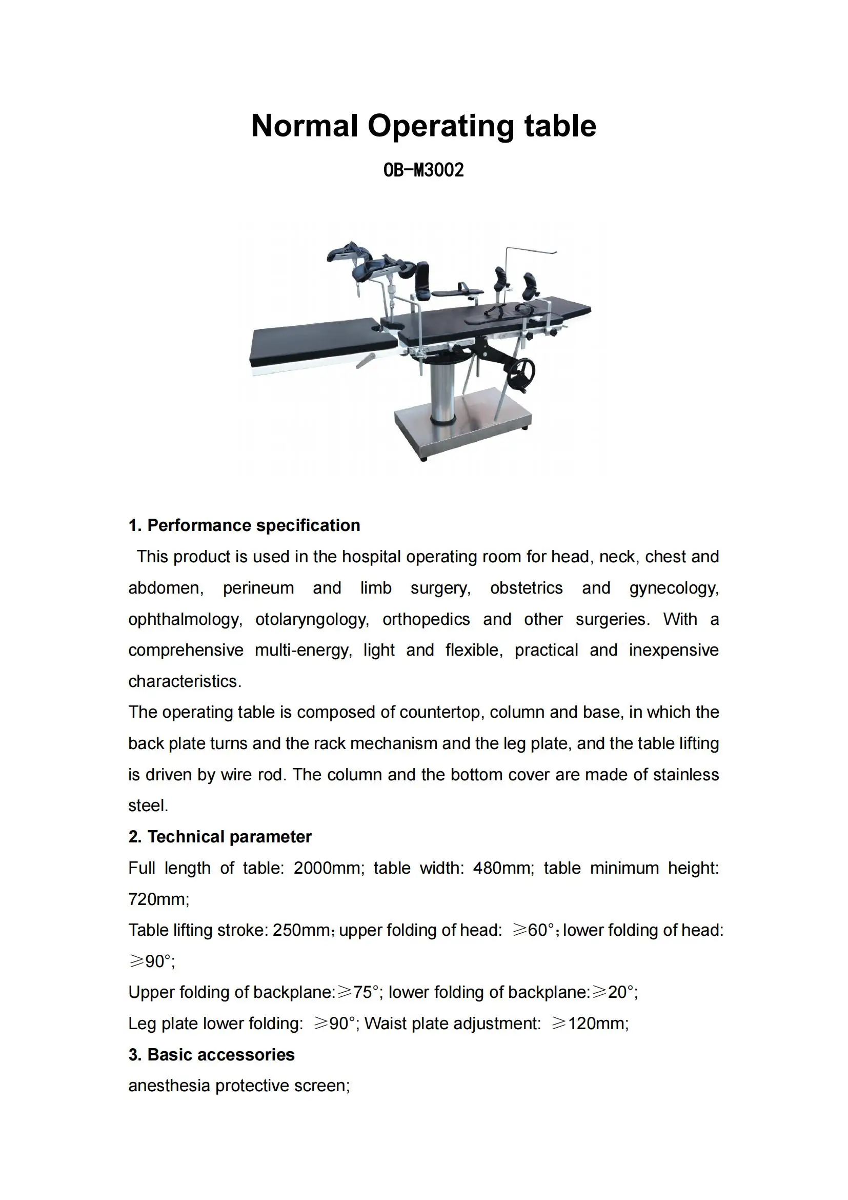OB-M3002 Hospital Multi-function Medical Equipment Normal Operating Table