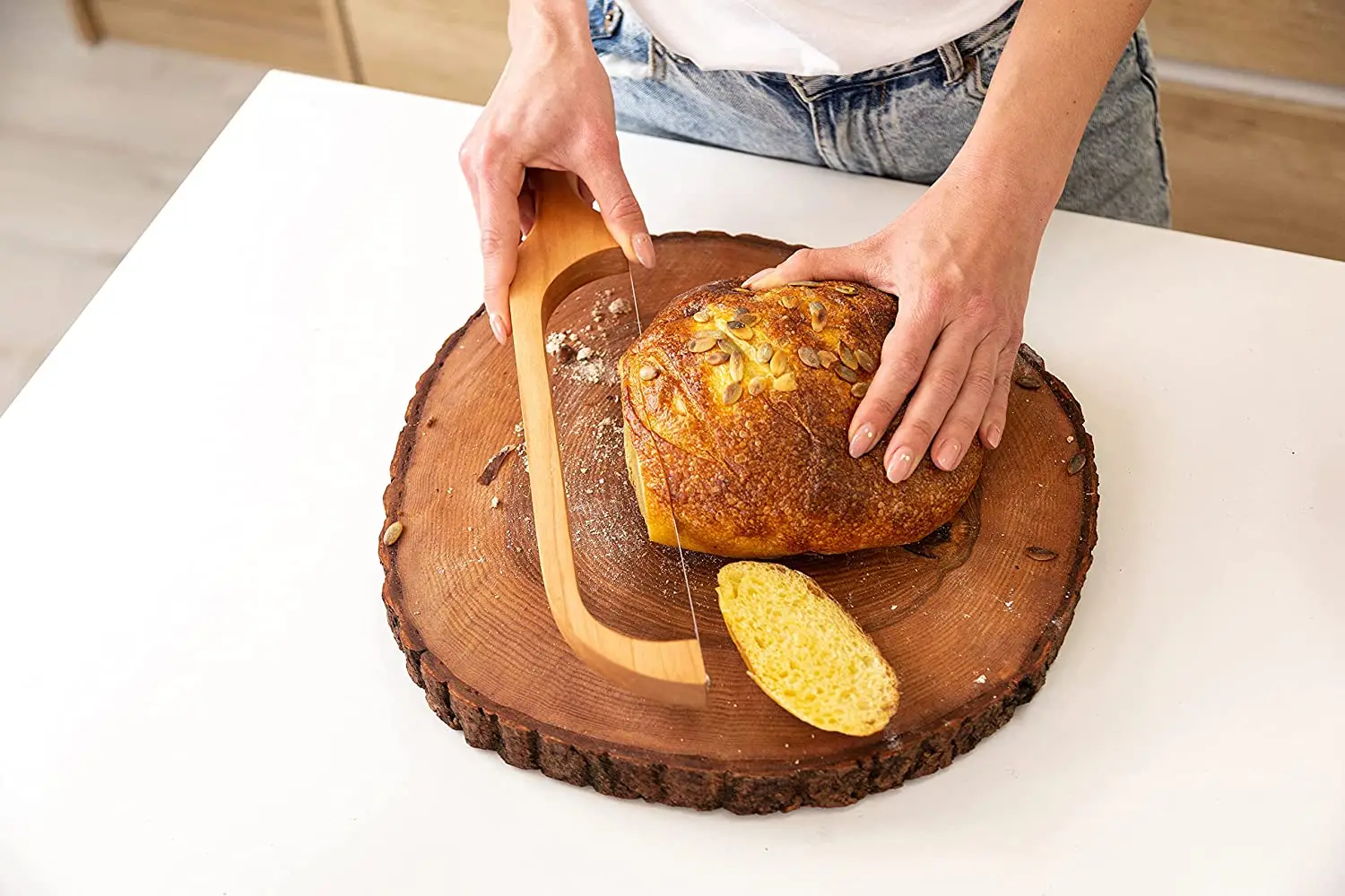 Wooden Bread Bow Knife,(40.64cm) - For homemade Bagel Serrated Acid Dough Knife - Cut thin, evenly sliced - Stainless Steel