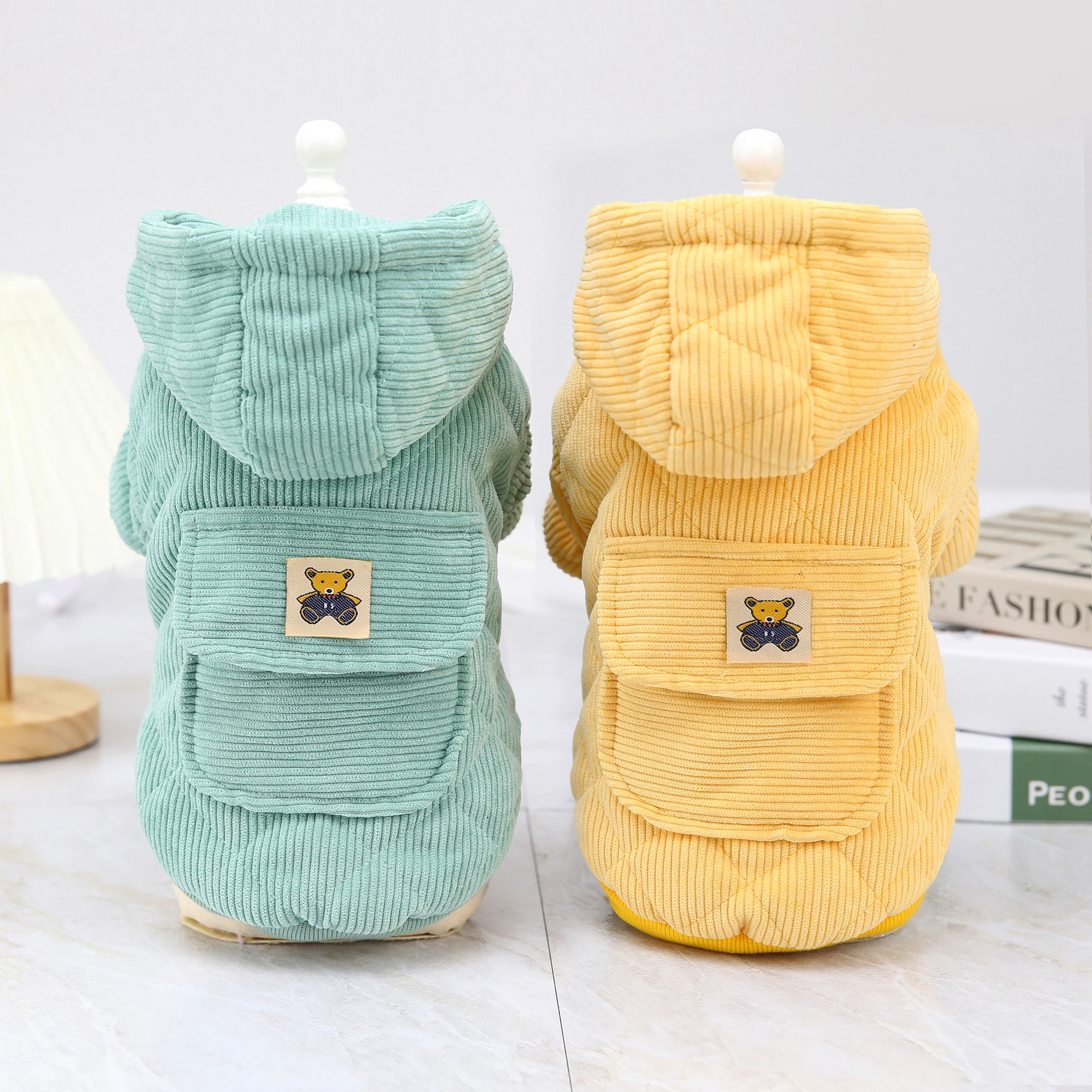 Corduroy two legged cotton pet coat jacket green yellow cotton hoodie with pocket coats for dogs cats in winter