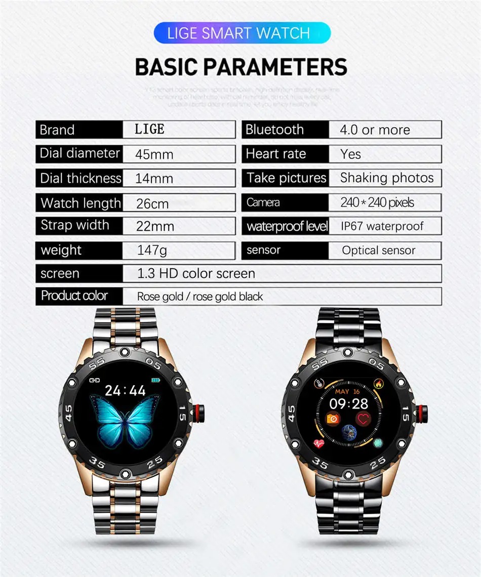 Lige BW0153 из нержавеющей стали Smartwatch напоминание спортивный водонепроницаемый новый 2021 мужские