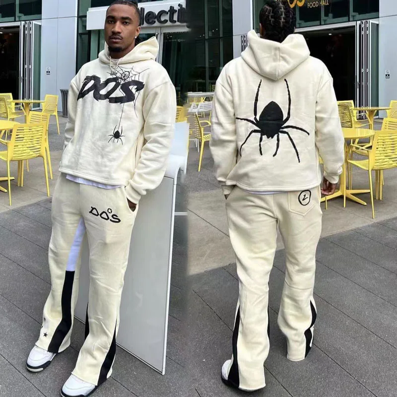 Mens Cotton Tracksuit Jogger Hooded And Sweatpants Set Custom Logo Men Fleece Two Piece Raw Hem Hoodie Flare Pants Sweatsuit Set