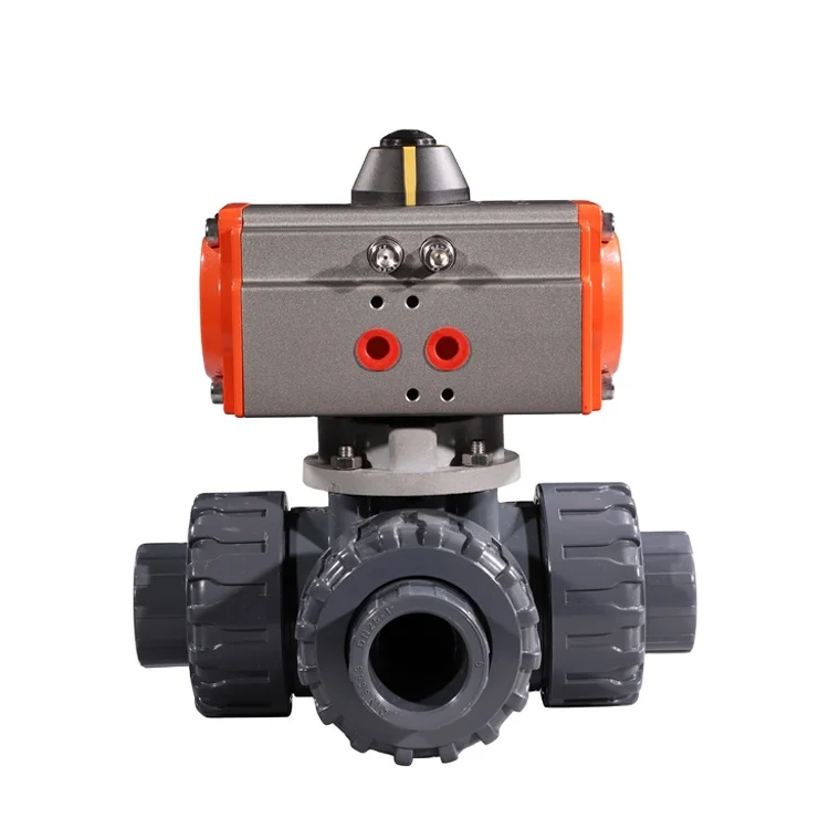 Double Union PVC Plastic 3 Ways Pneumatic Control Ball Valve