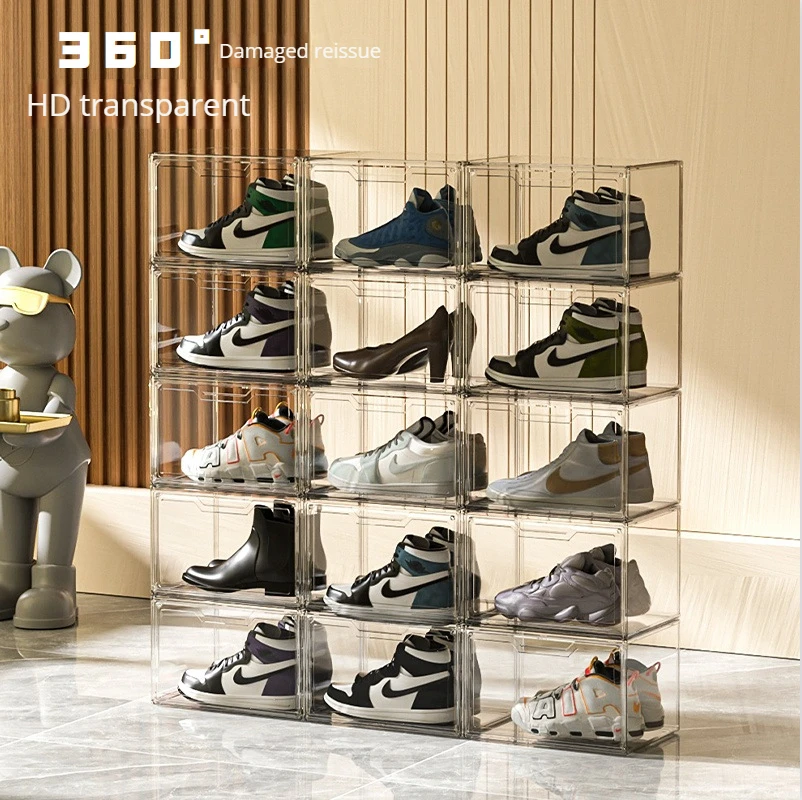 Wholesale transparent acrylic shoe box magnetic suction side door with lid storage box shoe box AJ Sneakers storage