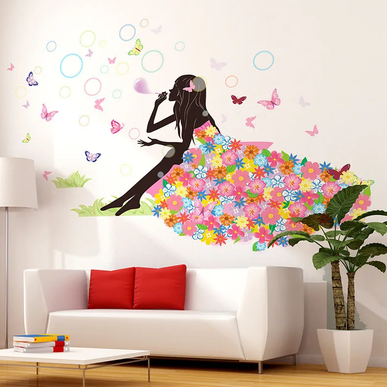 MZL Flower Girl Removable Wall Art Sticker Vinyl Decal Kids Room Home Mural Decor Bedroom Butterfly Paper Decorative Painting