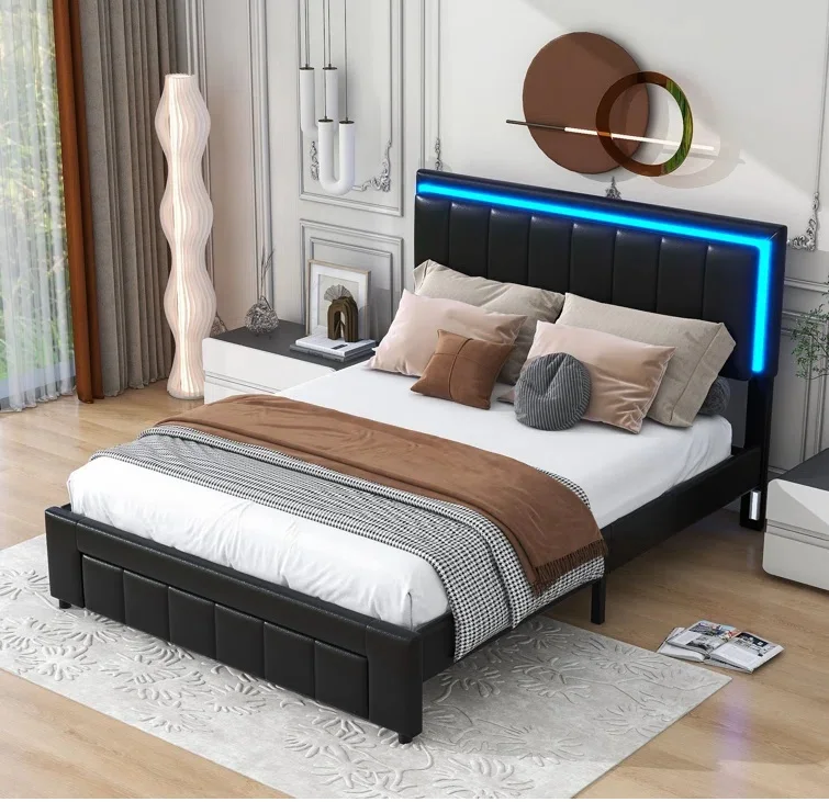 Best Seller Wholesales New Design Queen King 1 Drawer Upholstered Platform Bed with LED Lights In Black Grey