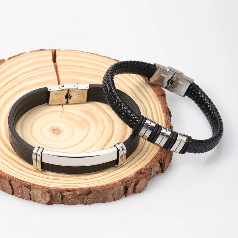 Leather Stainless Steel Press Button Bracelet For Men Retro Black Woven Bracelet