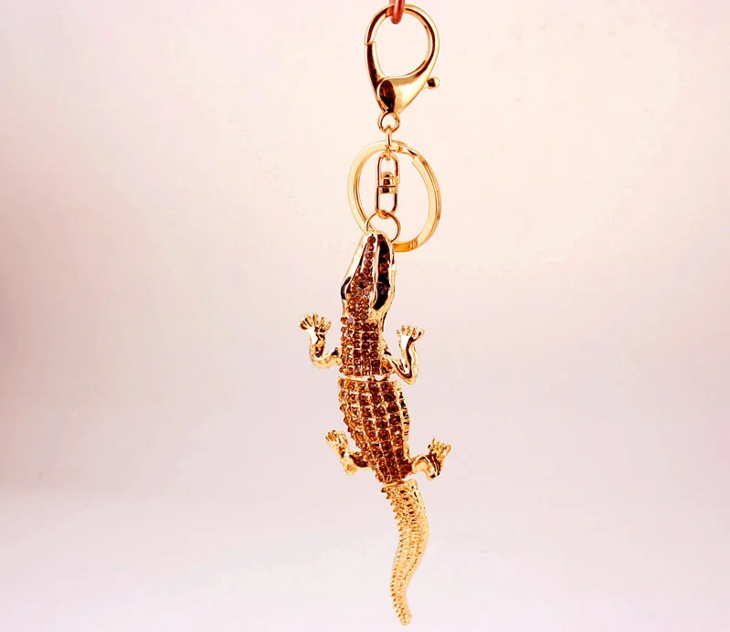 Environmental Protection Metal Zinc Alloy Gold Plated Animal Crocodile Gator Pendant KeyChain With Key Ring