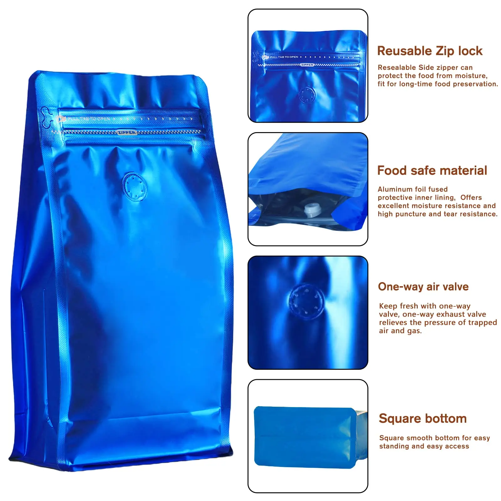 Coffee Bags with Valve Navy Blue High Barrier Aluminized Foil Flat Bottom Standing Coffee Beans Storage Bags