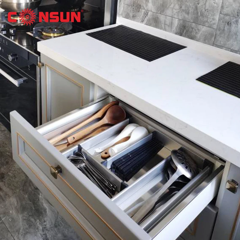 Food Grade Stainless Steel Kitchen  Cupboard Cutlery Tray Drawer Utensils Partition Freely Storage Pull Out Rack