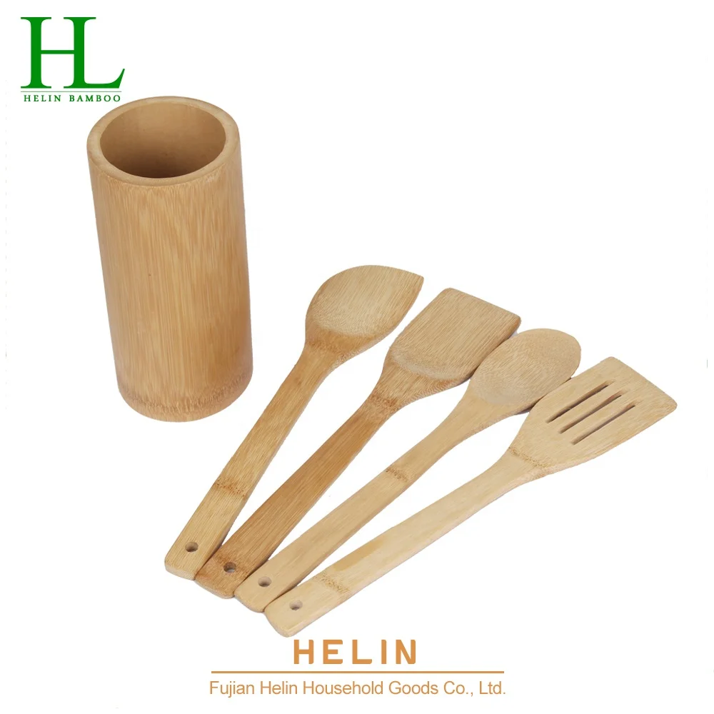6 Pieces Bamboo kitchen utensils set with holder utensil holder kitchen