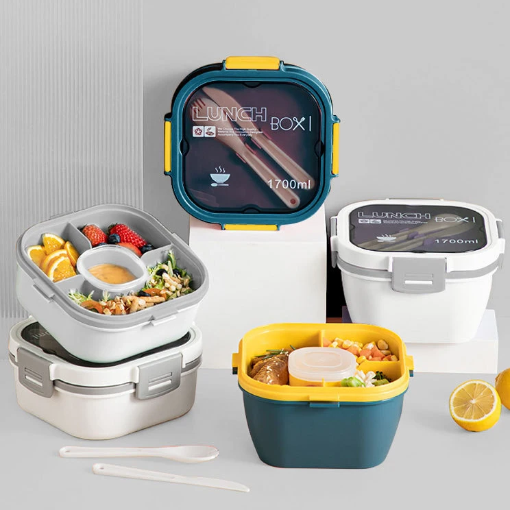 LIHONG Salad Bowl - Stackable Lunch Container with Large 54-oz Food Box 4 Compartment Bento Box Tray Built-In Reusable Fork