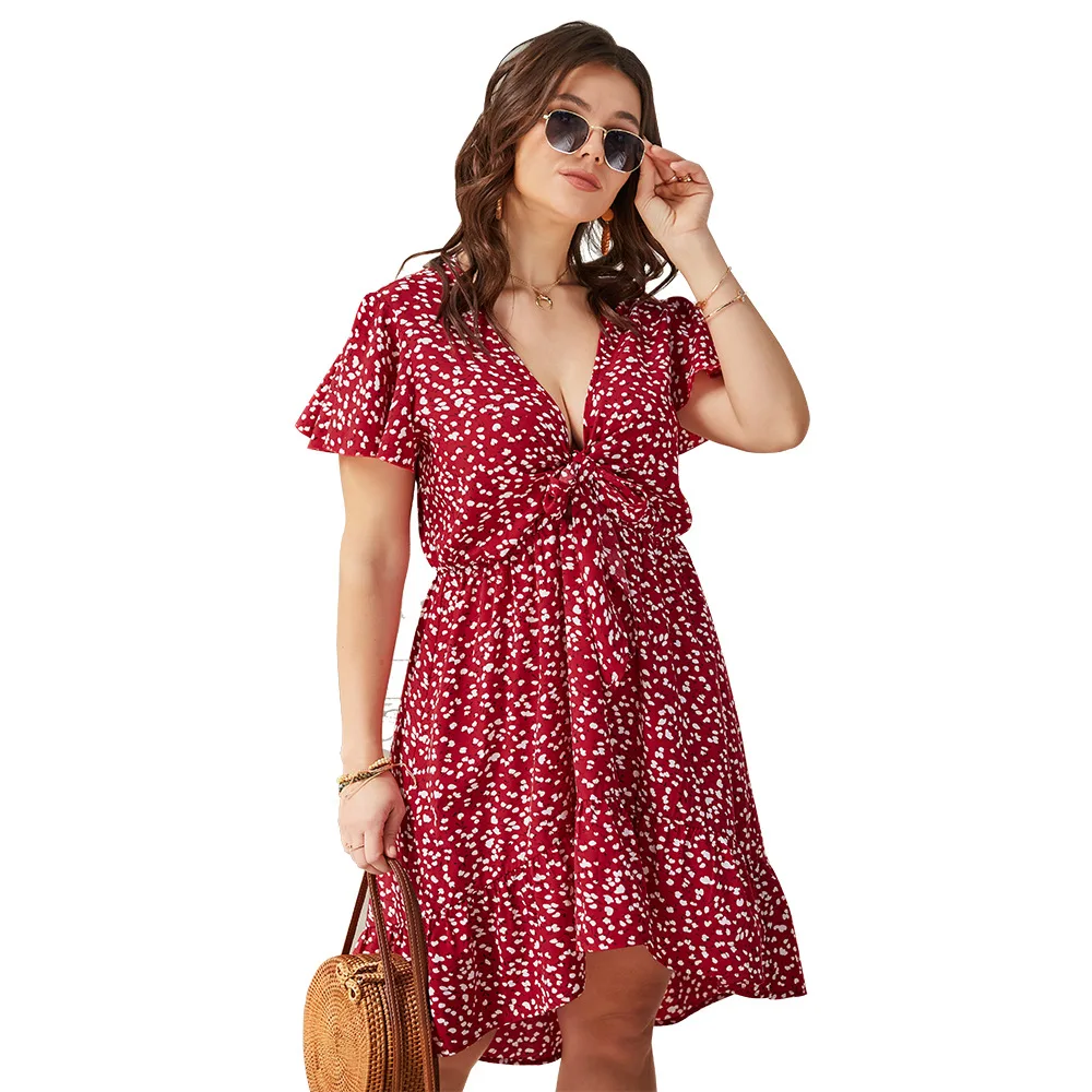 Wholesale Plus Size Deep V Neck Boho Floral Dress Women Casual Bandage Hight Waist Ruffle Resort Dresses Fat MM Clothing