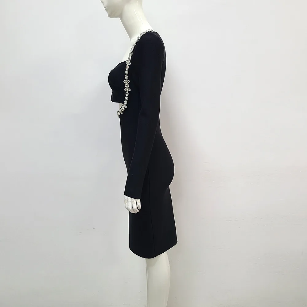 New Designer Long Sleeve Women Evening Dresses Sexy Black Hand Diamond Beading Celebrity party Wear Party Dress