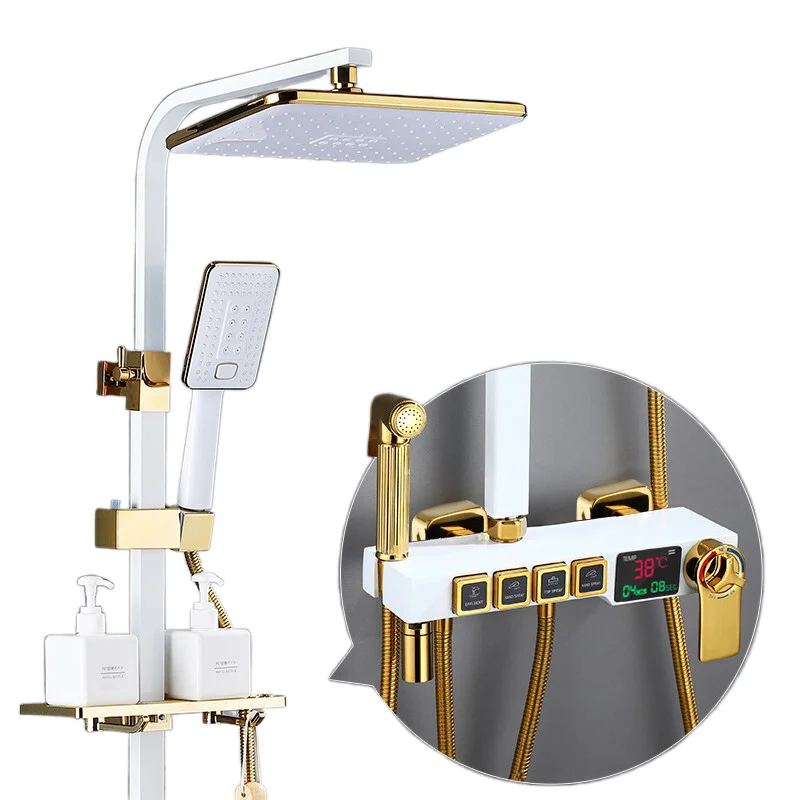 Digital Shower Set Luxury Thermostatic Bathroom Shower System Quality Brass Rainfall Bathtub Tap White Gold Digital Shower Sets