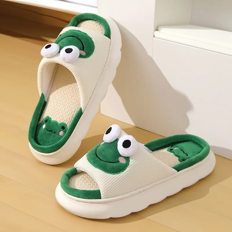 Wholesale Cute Frog Linen Drag Ladies non-slip indoor and Outdoor Slippers Home Absorbent Breathable Silent Slippers