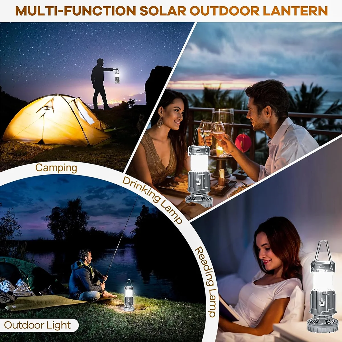 2024 New 360 Degrees Solar Camping Fan 3000mAh Rechargeable LED Lantern Tent Light with Flashlight & Speaker