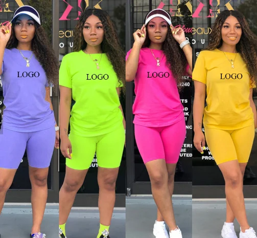 Hot Sale Women Clothing Short Sleeves Neon Two Pieces Shorts Set Casual 2 Piece Womens Cotton Outfits