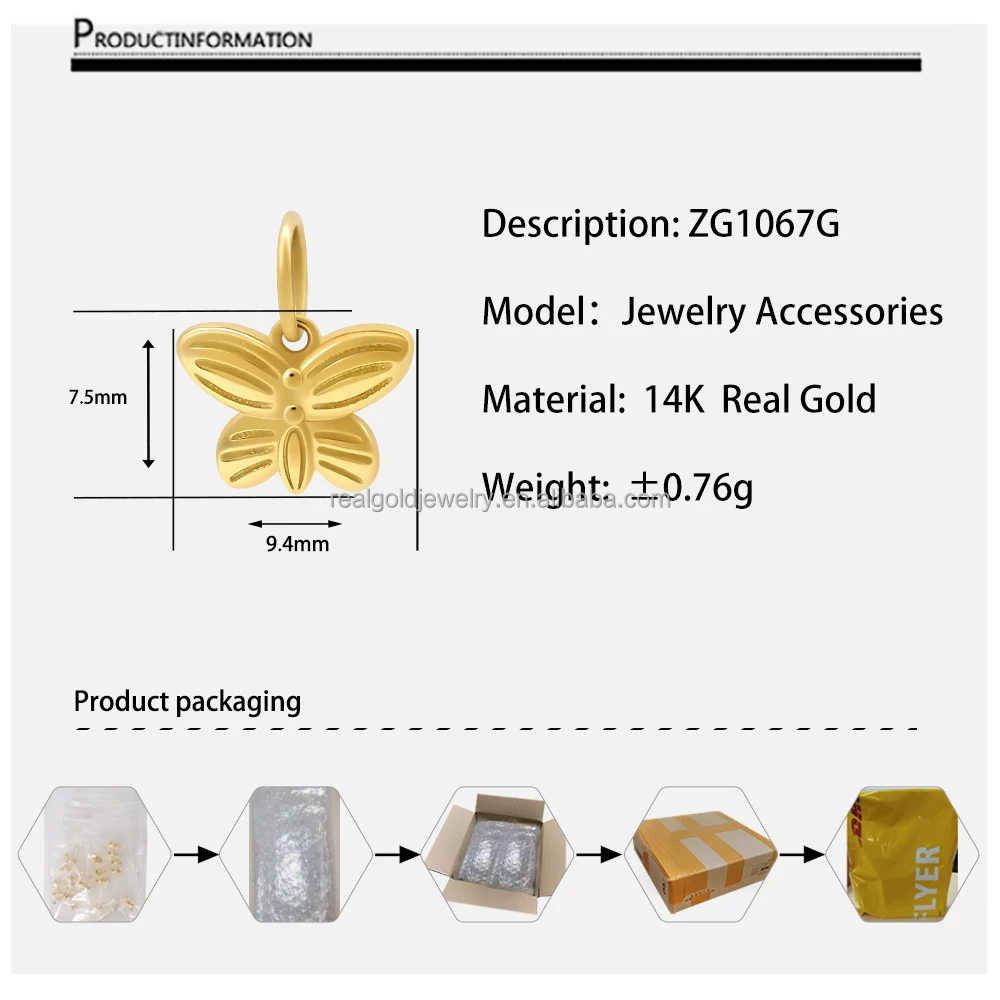 14K Real Yellow Gold Fine Jewelry Accessory Cute Butterfly Charms Pendants Jewelry DIY Accessory With Cute Size Wholesale