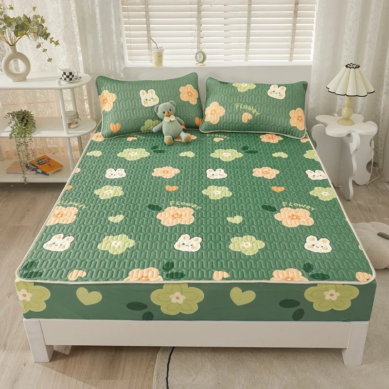 Summer Hot Selling Anti-skid Cooling Elastic Band 5mm Thick Latex Mattress Protector Ice Silk 3Pcs Fitted Bedsheet Sets