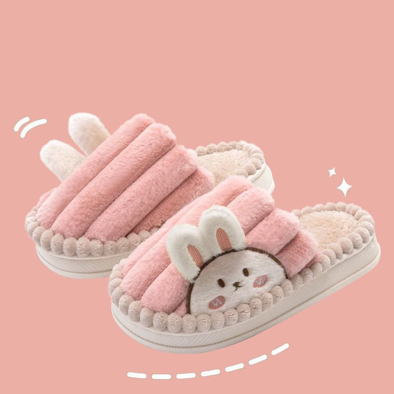 Cute Rabbit Couple Cotton Slippers Female Winter Student Dormitory Stay at Home Anti-slip and Warm Fur Furry Slippers