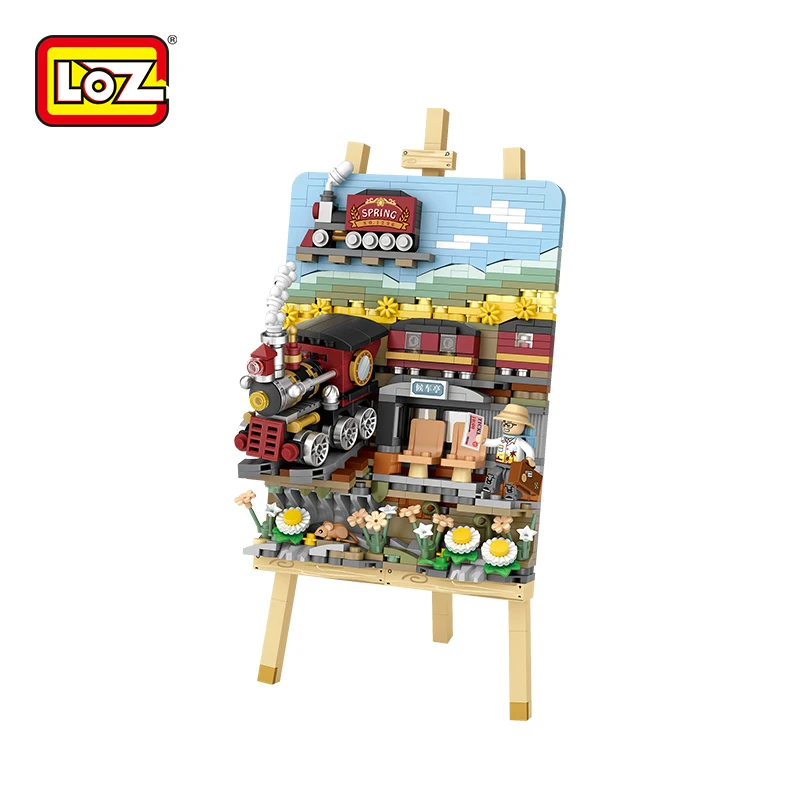 LOZ1296 Spring Train 3D Drawing Small Particle Building Block Assembly Toy Gift Decoration Handmade Assembly