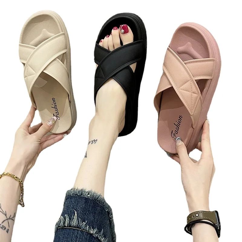 XAXAXTO Summer outdoor slippers female online influencer fashion cross strap platform slippers home indoor lazy flat slippers