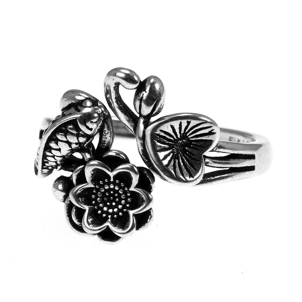 Authentic 925 Sterling Silver Fish And Lotus Flowers Rings For Women Adjustable Vintage Jewelry Aneis Feminino