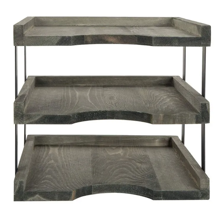Multi purpose 3 tiers vintage gray metal document wood desk organizer