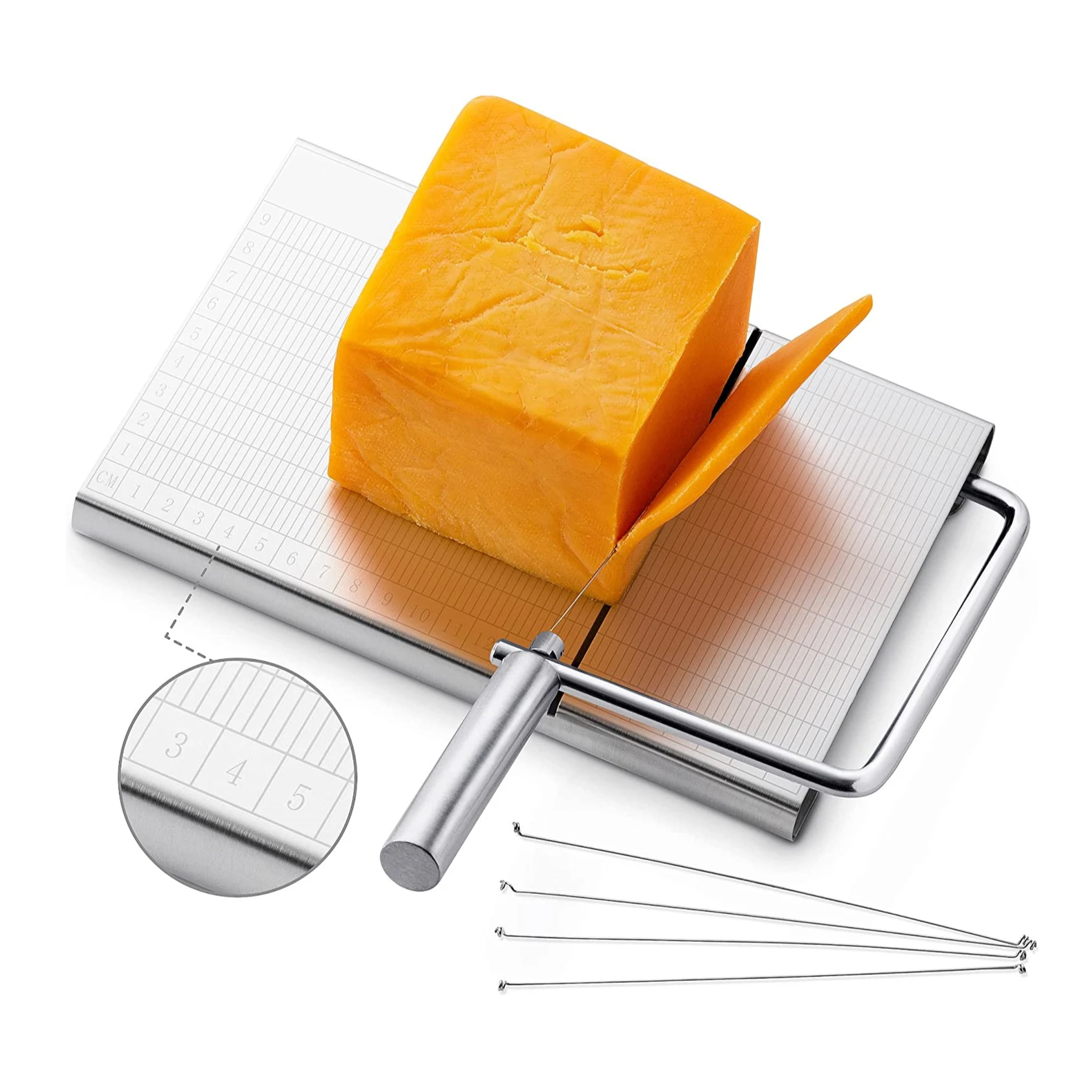 Stainless Steel Cheese Slicer Cutting Board with 5 Replacement Wires Cheese Cutter for Block Cheese