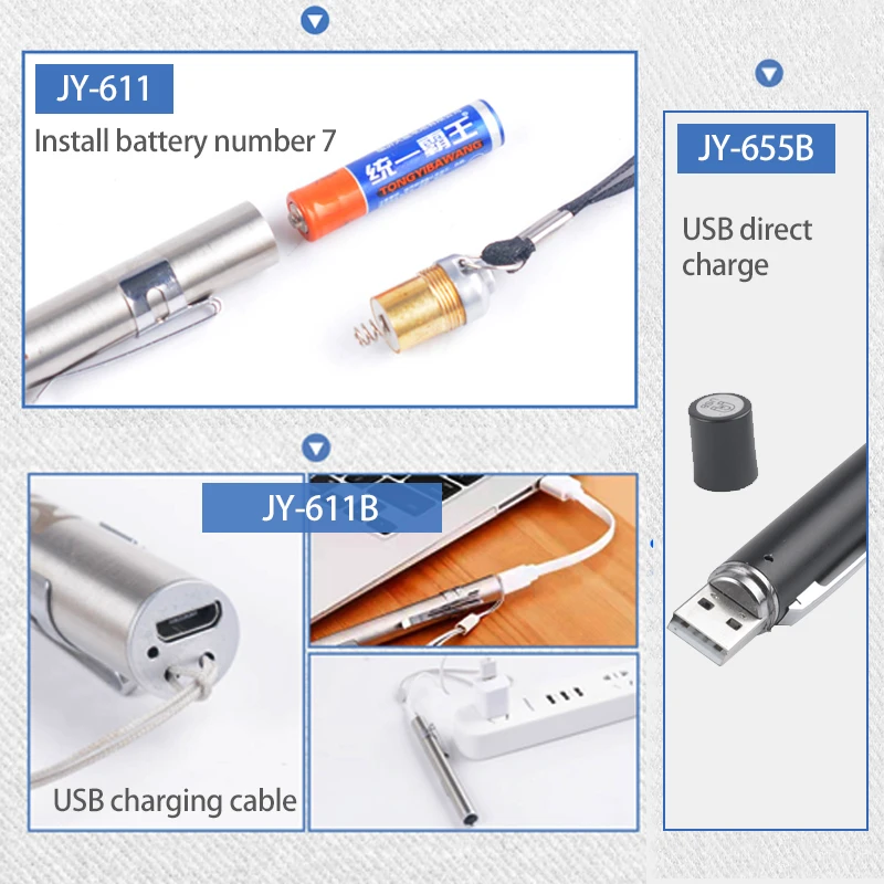 LED Pupil pen special eye ear, nose and throat oral lamp USB charging yellow and white dual light source medical flashlight