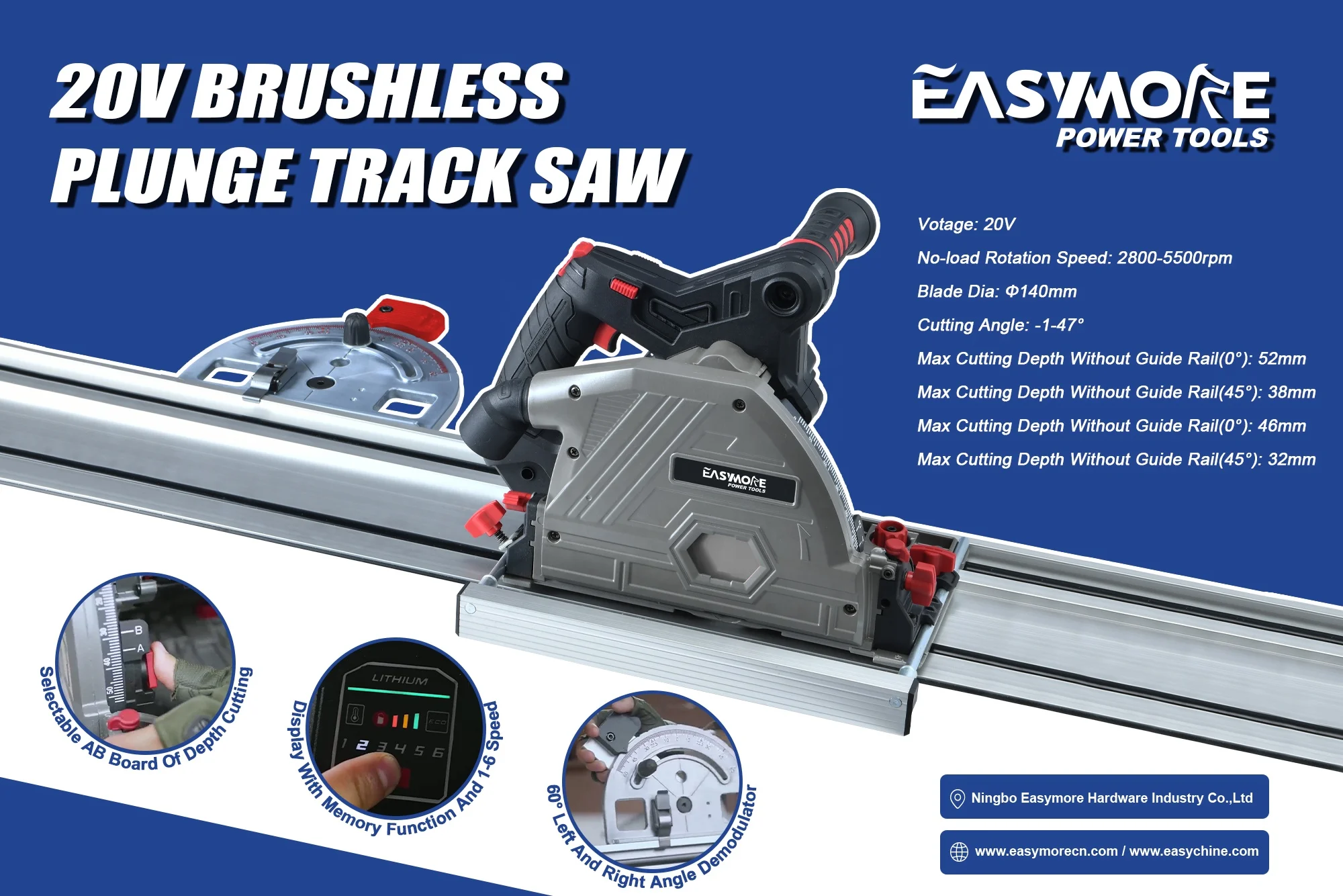 20V Brushless 4.0Ah Battery 140mm blade track saw cut circular Plunge saw