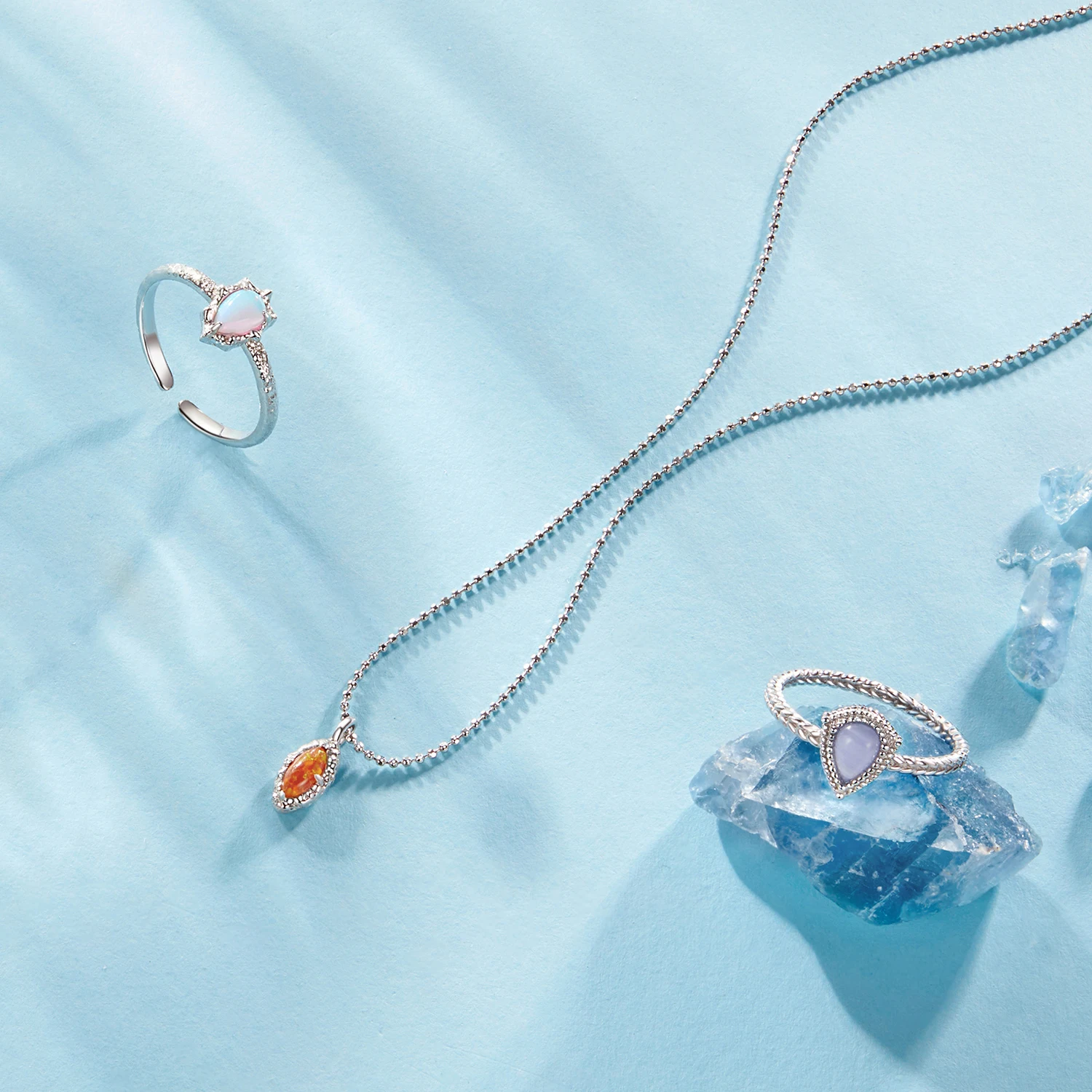 New 925 Sterling Silver Auroral Flame Necklace Ring Exaggerated Tianhe Stone Agate Ring Set For Women
